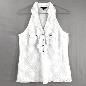 Express Women's White Ruffle Halter Blouse Sleeveless Top Burnout Plaid L
